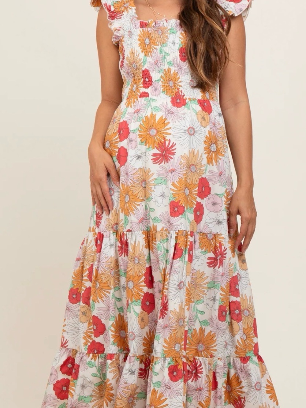 Pinkblush Maternity Size Small Floral Maxi Dress Ivory with Yellow & Red Blooms